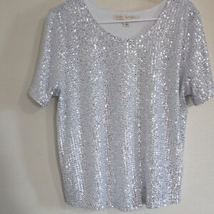 Good American Silver Sequin Short Sleeve Top